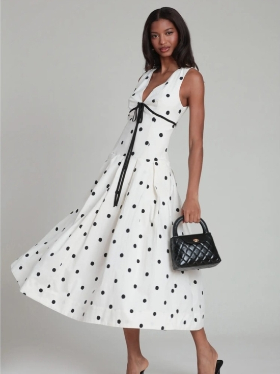 Avec Les Filles Dresses & Skirts - Avec Les Filles White Midi Dress Black Polka Dots Fit&flare Cotton Size 8
